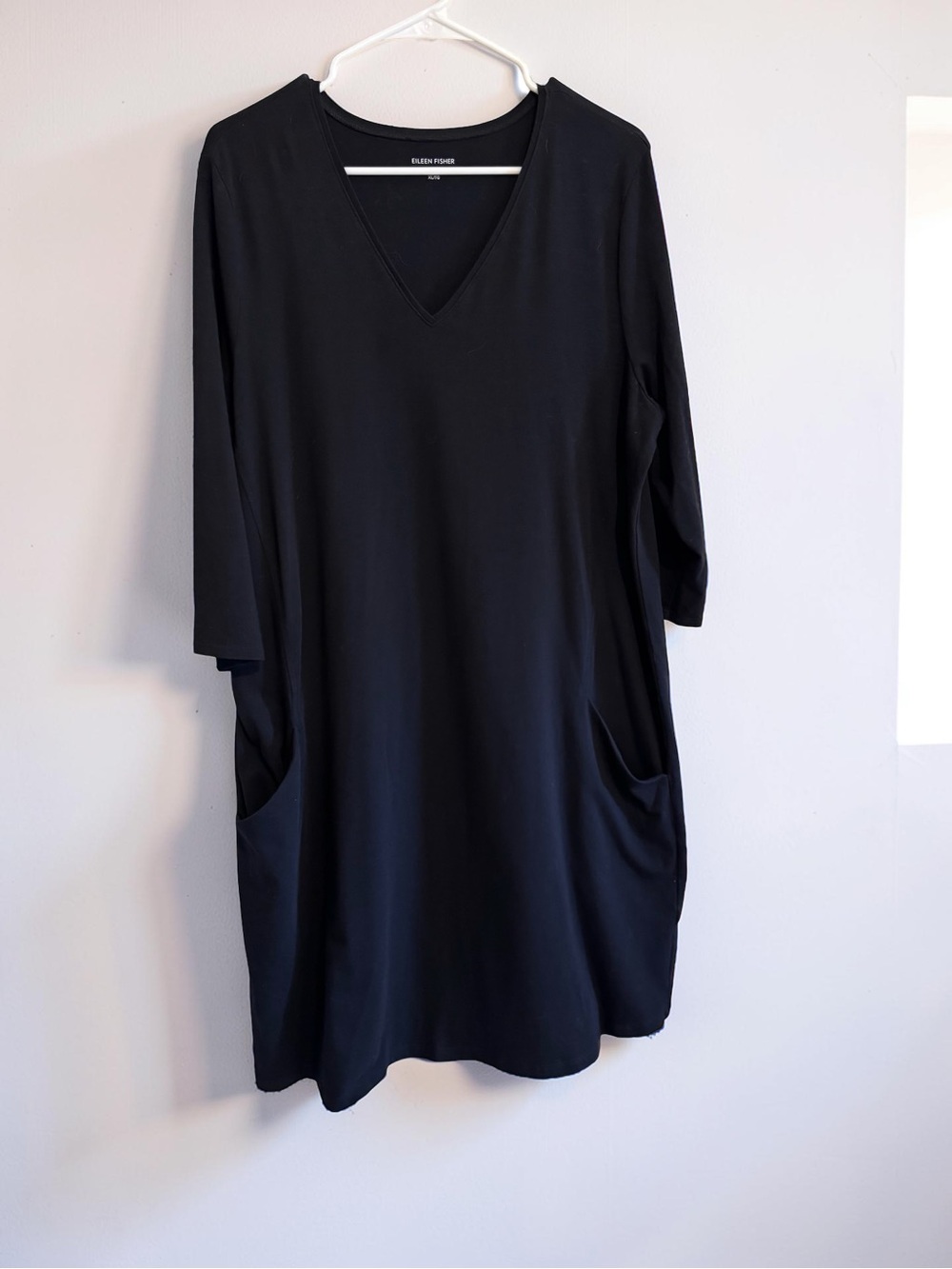 Eileen Fisher Black Organic Cotton Blend V-Neck Pocket Shift Dress XL